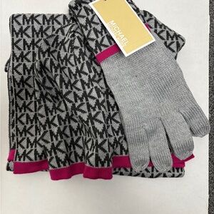 NWT- Michael Kors Gray and Pink Scarf, Hat, and Glove Set